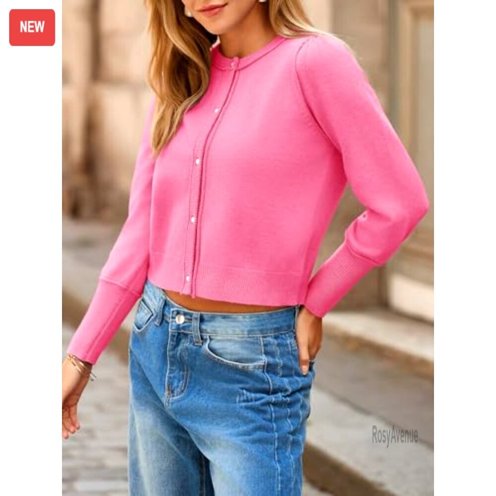 Cropped Cardigan Sweater Crew Neck Button Down Long Puff Sleeve Loose Knit - Picture 4 of 6